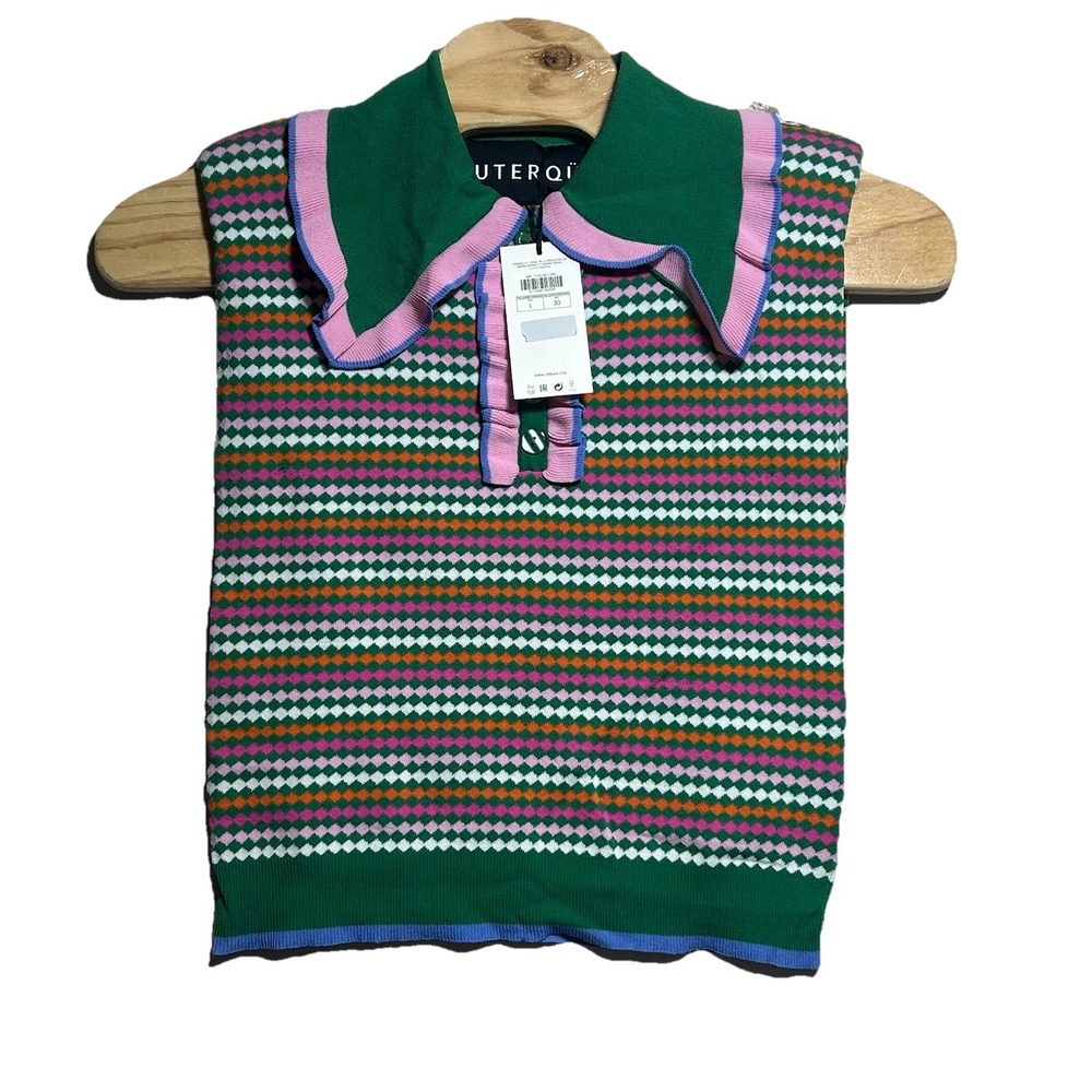 NEW Uterque Women Colorful Knit Sweater Vest Ruffles‎ Preppy EUR L Kelly Green